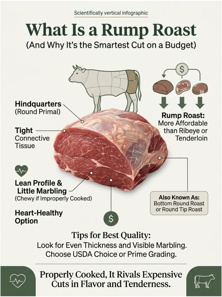 Infographic explaining rump roast, its cuts, benefits, and cooking tips with visuals of beef and price comparisons.