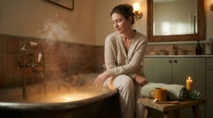 A woman sits by a steaming bathtub, wearing a beige sweater and relaxed expression, with candles and towels nearby.
