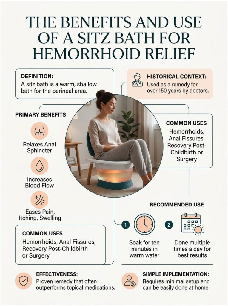 Infographic detailing sitz bath benefits for hemorrhoid relief, showing a woman using a sitz bath with key points and icons.