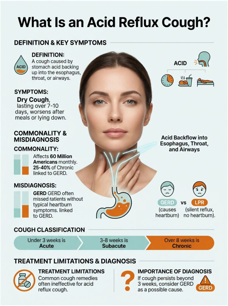 Infographic explaining acid reflux cough, symptoms, commonality, misdiagnosis, and treatment limitations.
