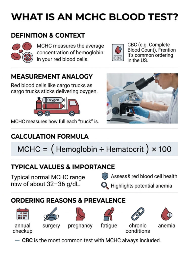 Infographic explaining MCHC blood test, including definition, formula, values, and ordering reasons with illustrations.