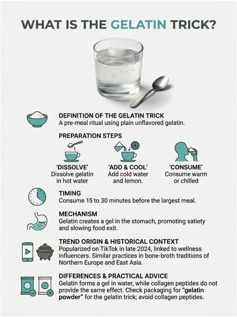 Infographic explaining the Gelatin Trick with preparation steps, timing, and benefits illustrated.