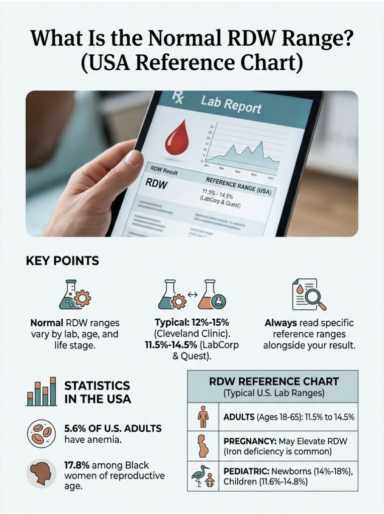 Infographic explaining normal RDW range with lab report, statistics, and reference chart for adults, pregnancy, and pediatric cases.