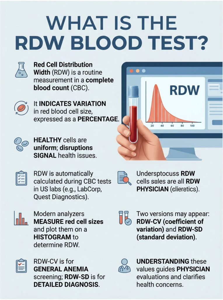 Infographic explaining RDW blood test, showing red blood cell size variation, histogram, and key definitions.