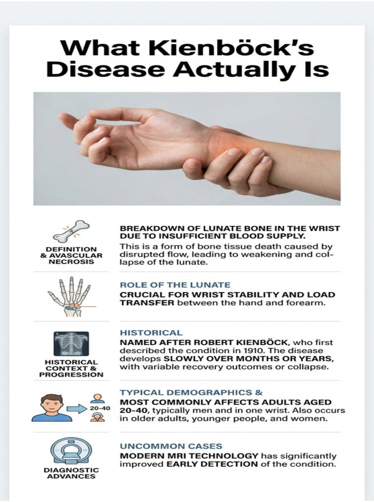 Infographic explaining Kienböck's disease with text on definition, role of lunate, historical context, demographics, and diagnostic advances.