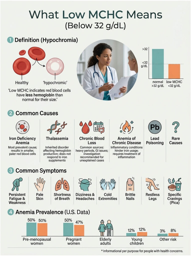 Infographic explaining low MCHC, showing definitions, causes, symptoms, and anemia prevalence statistics.