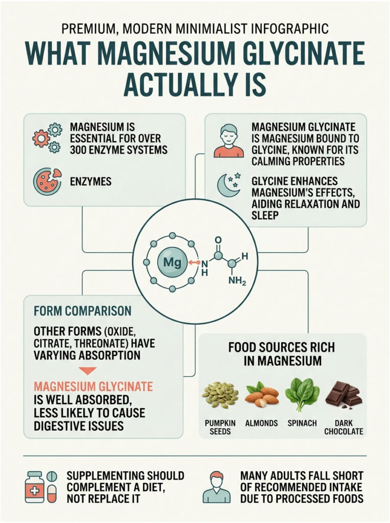 Infographic explaining magnesium glycinate, its benefits, sources, and absorption comparison with other forms.