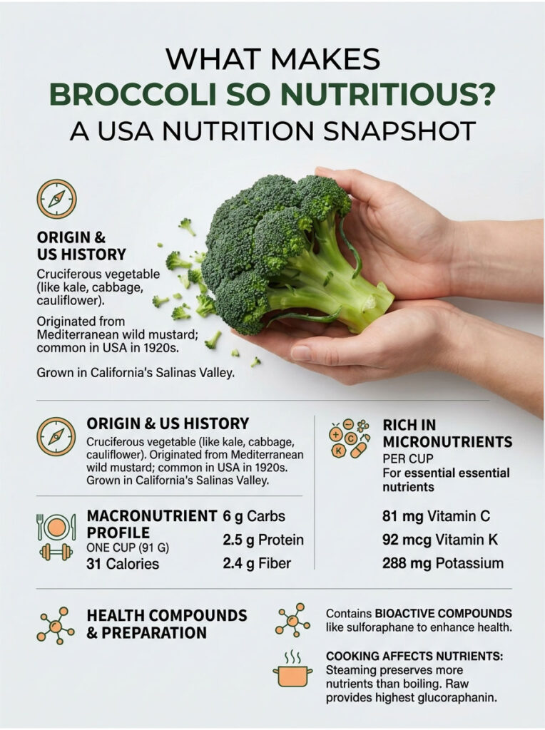 Broccoli held in hands with text on nutrition, history, and health benefits in an infographic layout.