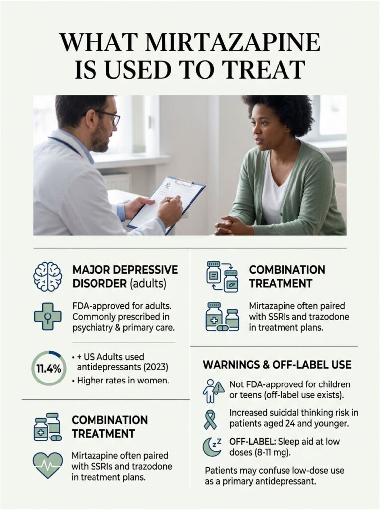 Infographic detailing mirtazapine uses, including major depressive disorder and combination treatments with statistics.