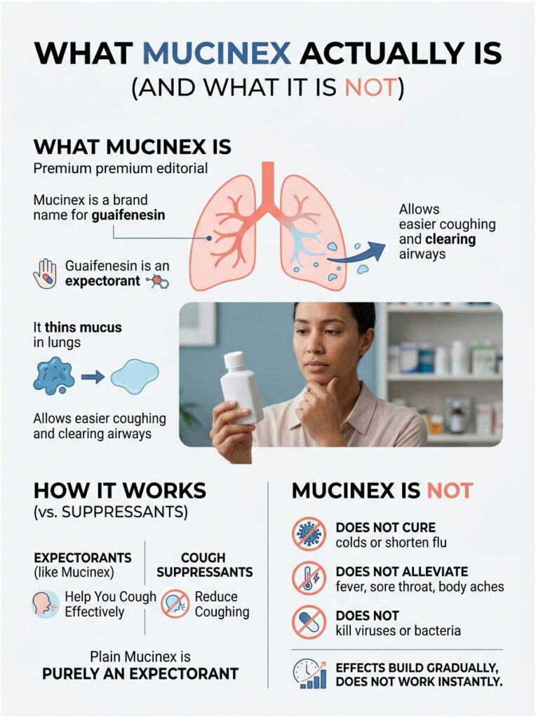 Infographic explaining Mucinex as an expectorant, its effects, and what it does not treat.