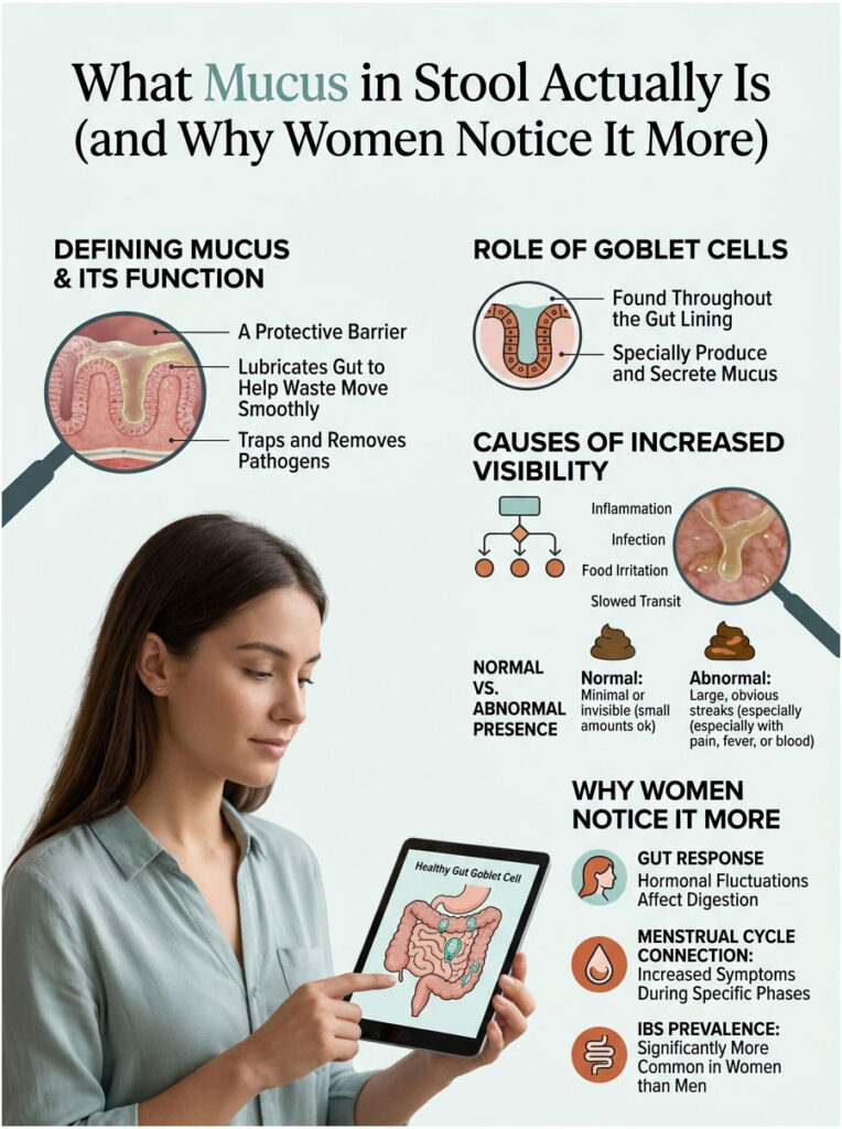 Infographic explaining mucus in stool, featuring diagrams, causes, and women's health insights.