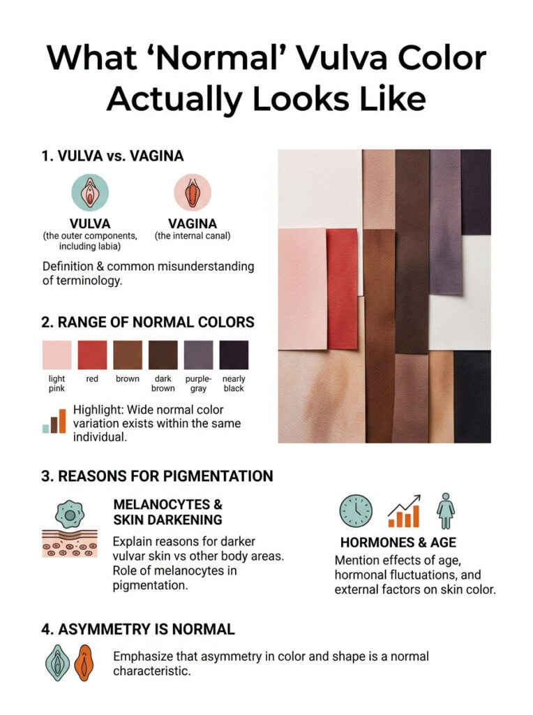 Infographic showing vulva vs. vagina, color ranges, pigmentation reasons, and normal asymmetry.