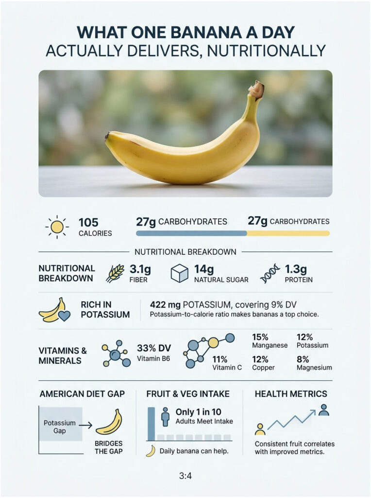 Infographic showing nutritional benefits of one banana, including calories, carbs, potassium, and vitamins.