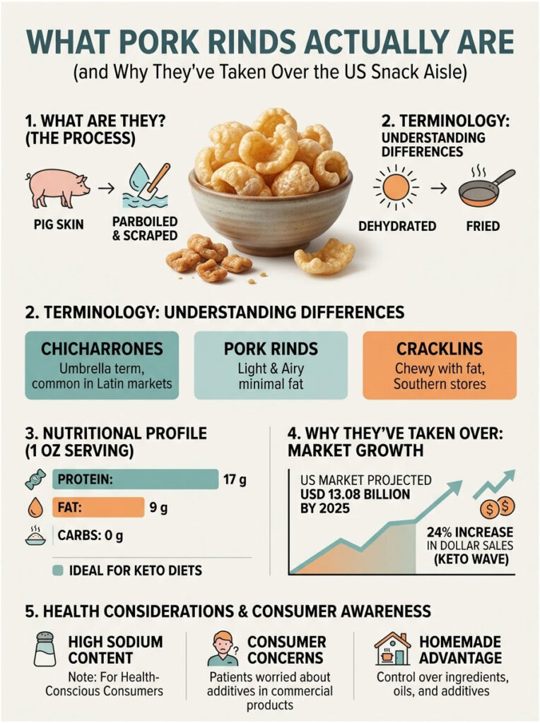 Infographic explaining pork rinds, their process, terminology, nutritional profile, and market growth statistics.