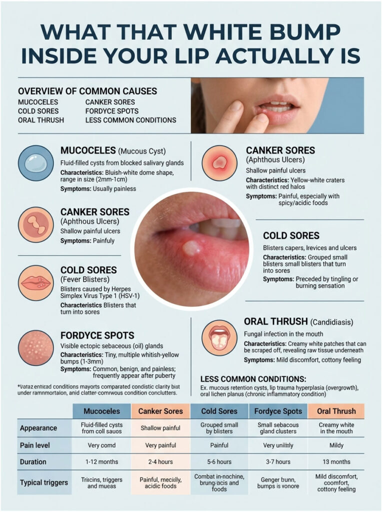 Infographic explaining white bumps inside the lip, detailing mucoceles, canker sores, cold sores, fordyce spots, and oral thrush.