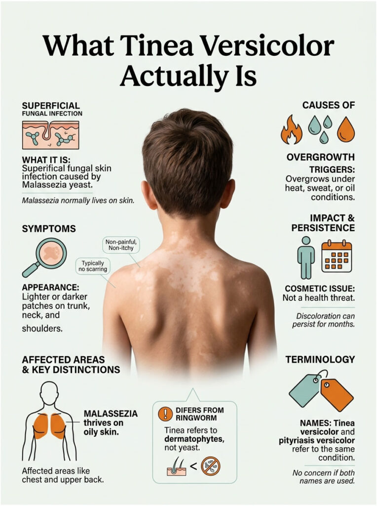 Infographic explaining Tinea Versicolor with symptoms, causes, and affected areas illustrated on a child's back.