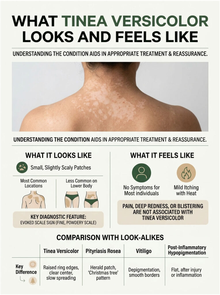 Infographic showing tinea versicolor symptoms, appearance, and comparison with similar conditions.