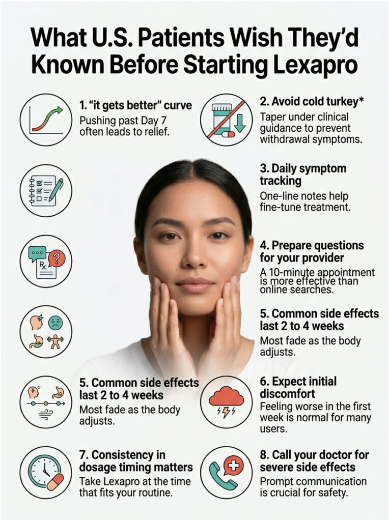 Infographic detailing tips for U.S. patients starting Lexapro, including side effects and tracking symptoms.