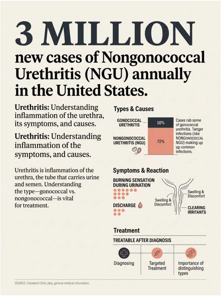 Infographic showing 3 million NGU cases in the US, types, symptoms, and treatment details.