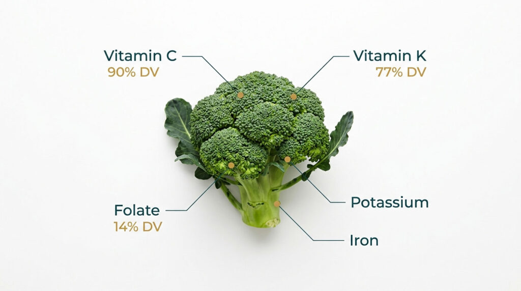 Fresh broccoli with labels indicating Vitamin C, K, Folate, Potassium, and Iron content on a white background.