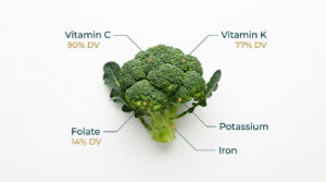 Fresh broccoli with labels indicating Vitamin C, K, Folate, Potassium, and Iron content on a white background.