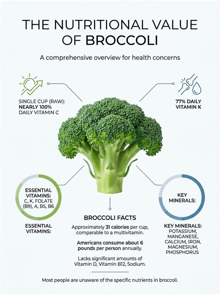 Infographic showing the nutritional value of broccoli, highlighting vitamins, minerals, and health benefits.