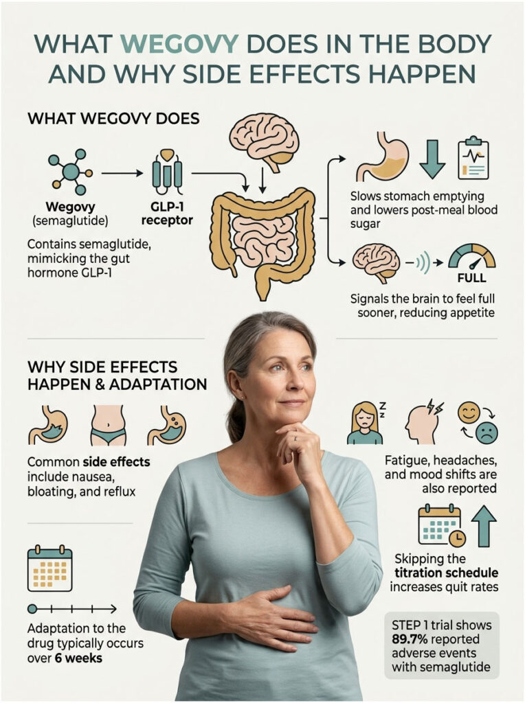 Infographic explaining Wegovy's effects on the body, side effects, and adaptation process with illustrations and data.