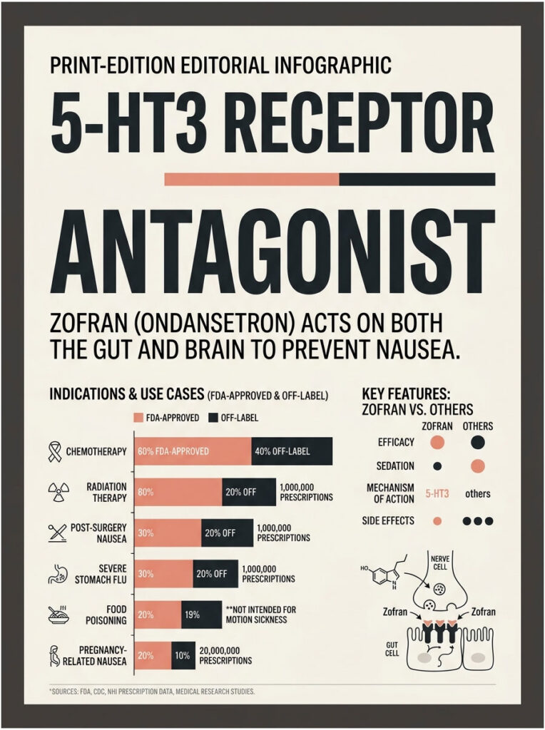 Infographic on 5-HT3 receptor antagonist Zofran, showing use cases, efficacy, and mechanism of action.