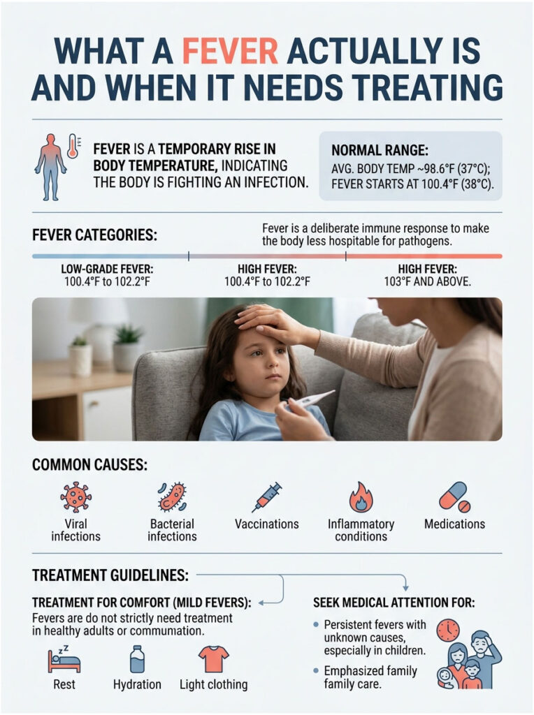 Infographic explaining fever types, causes, and treatment guidelines with illustrations and temperature ranges.