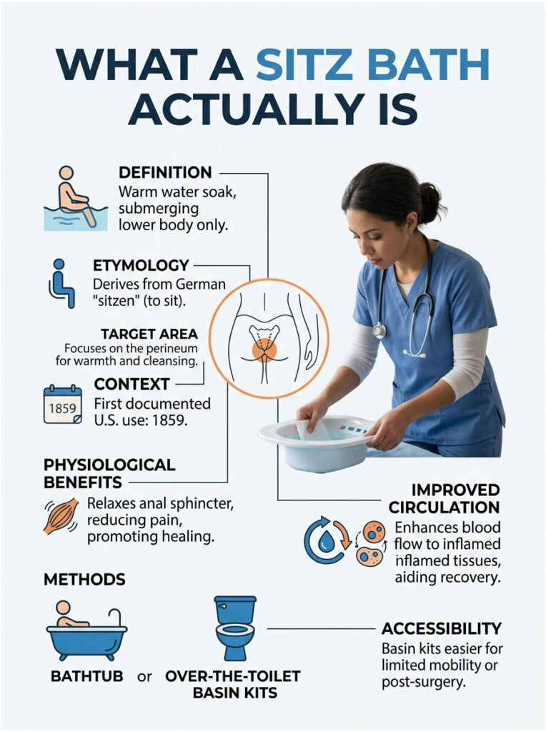 Infographic explaining sitz bath benefits, methods, and historical context with illustrations and text elements.