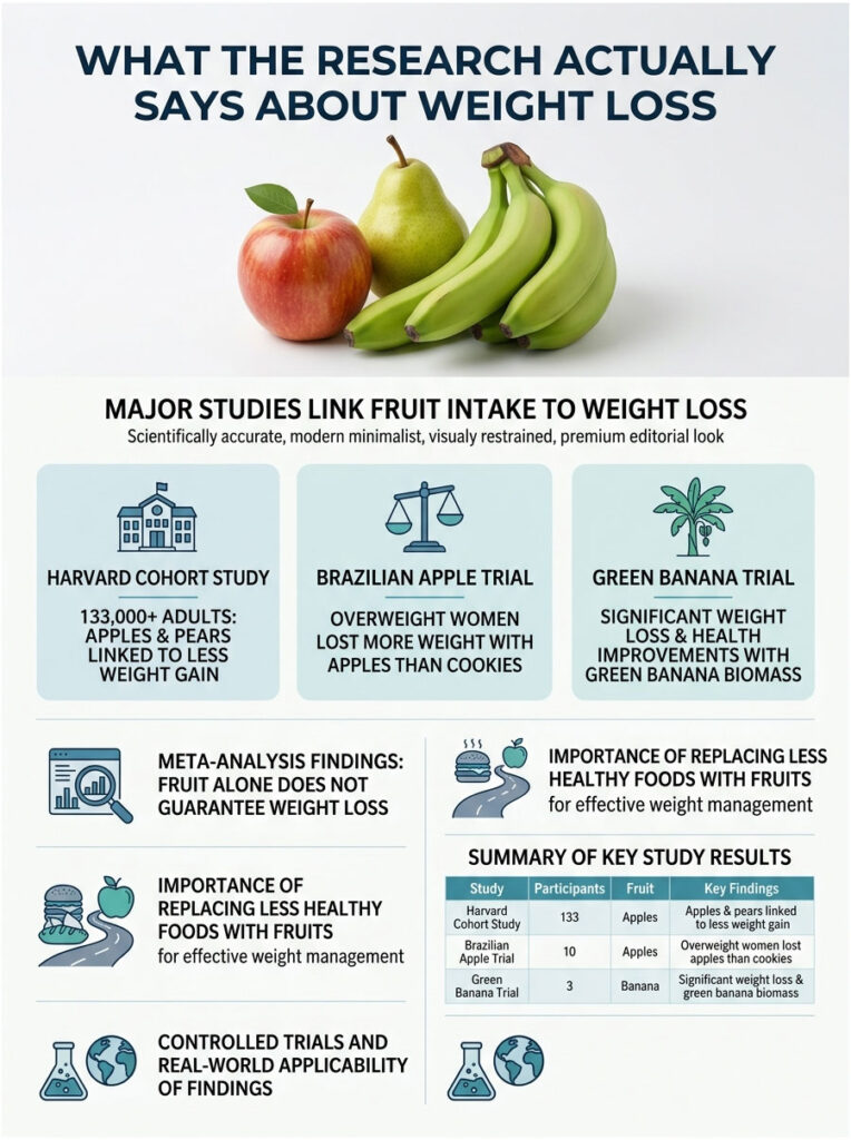 Infographic showing studies linking fruit intake to weight loss, featuring apples and bananas, with key findings and statistics.