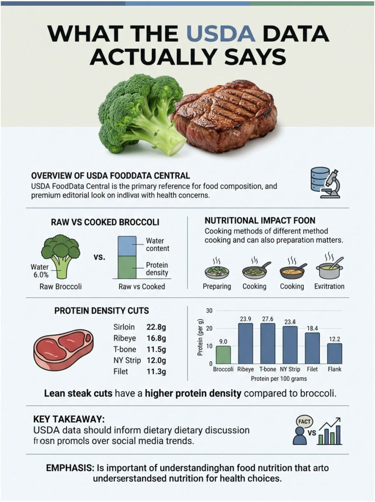 Infographic comparing protein density in lean steak cuts and broccoli, showing data on cooking methods and nutrition.