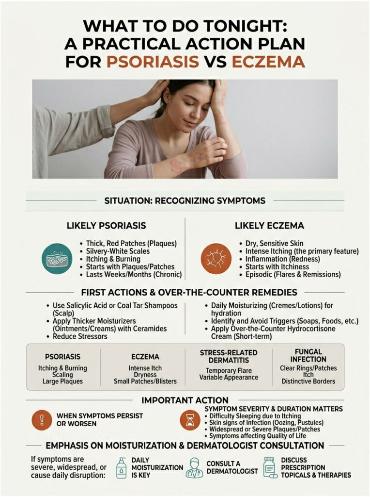 Infographic comparing psoriasis and eczema symptoms, treatments, and important actions for skin care.