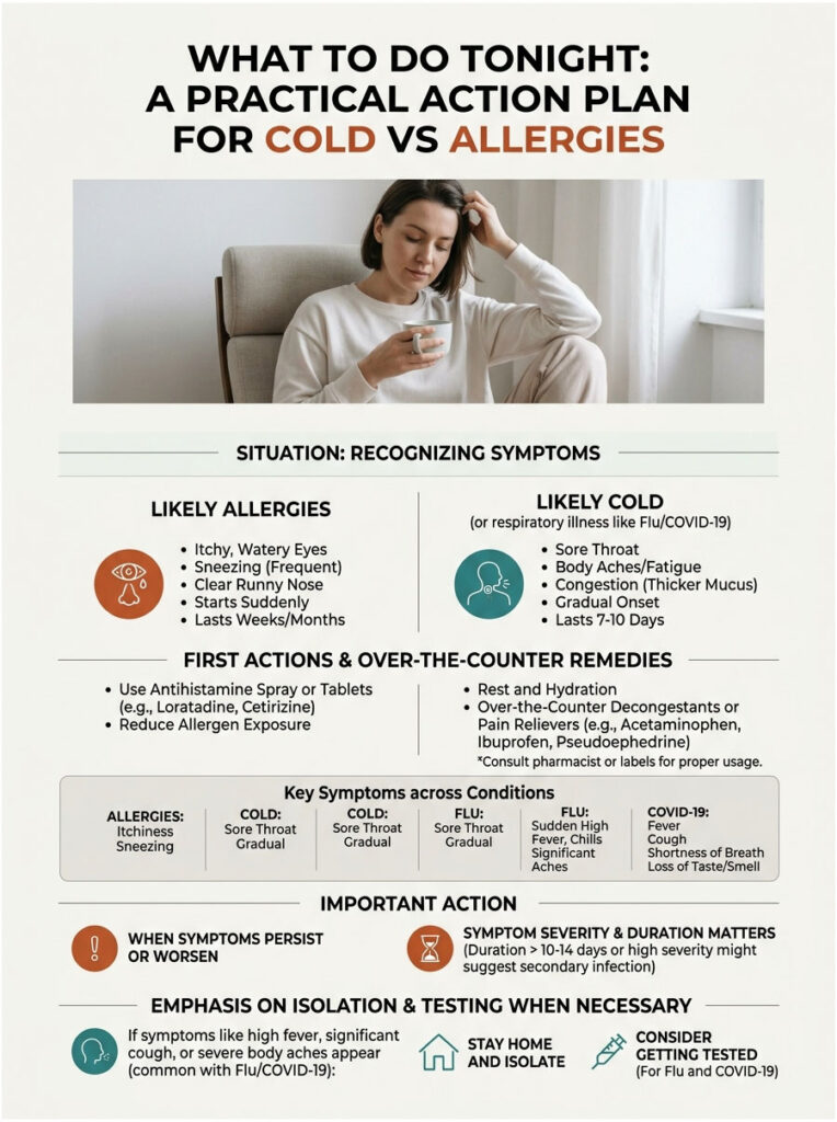 Infographic comparing symptoms and remedies for cold vs allergies with charts and icons for clarity.