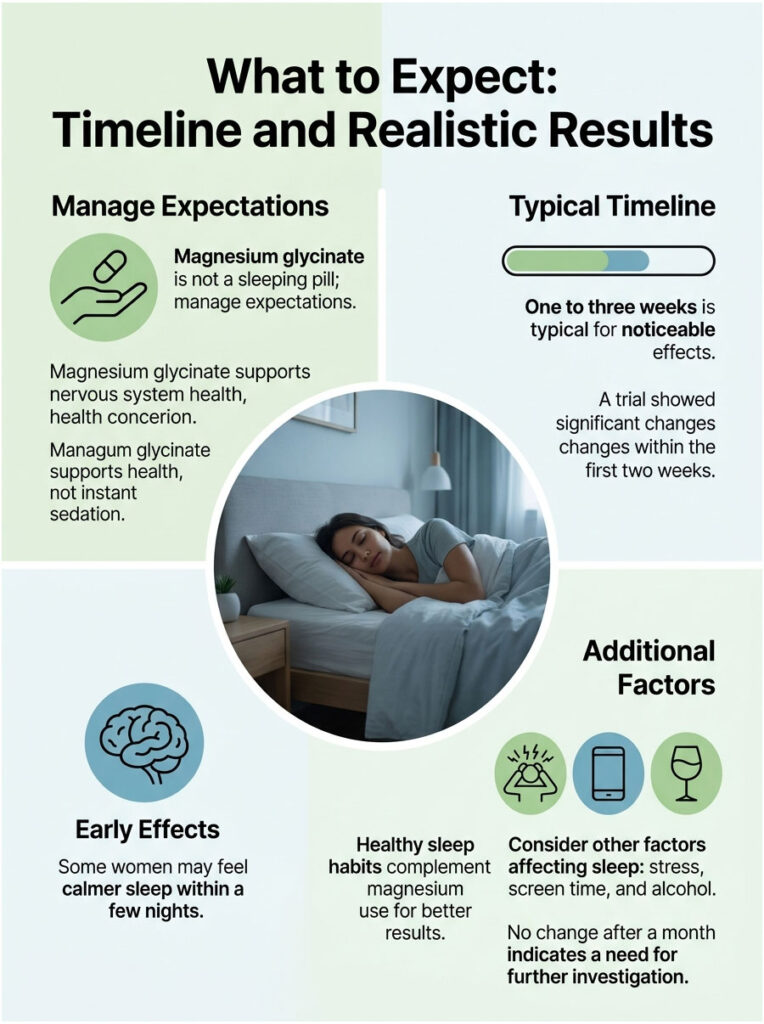 Infographic showing magnesium glycinate effects, timeline, and factors affecting sleep with illustrations and text.