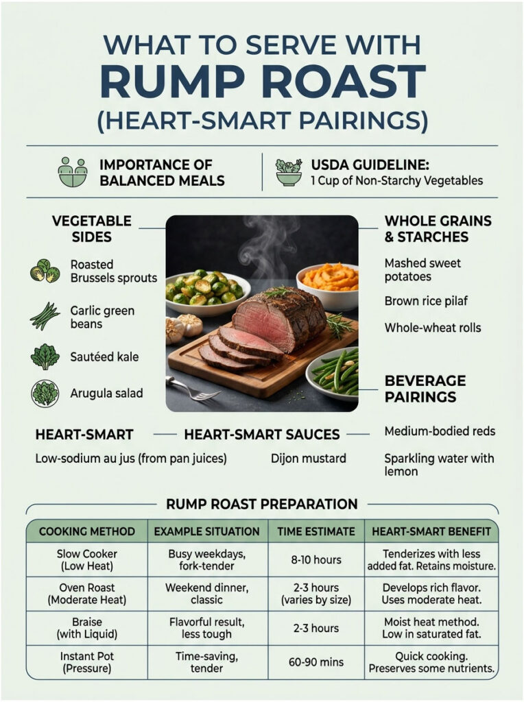 Infographic showing heart-smart pairings for rump roast, including vegetable sides, grains, and cooking methods.
