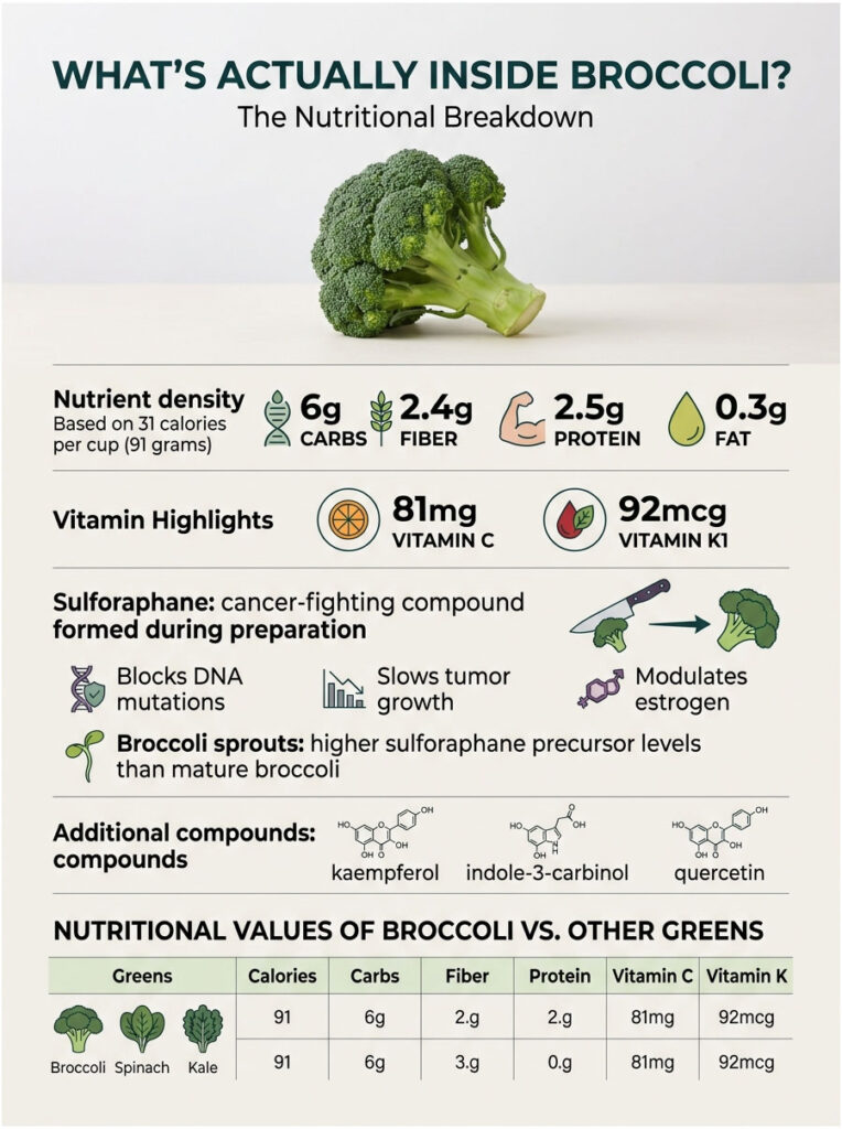 Nutritional breakdown of broccoli showing calories, carbs, fiber, protein, fat, and vitamin content in an infographic.