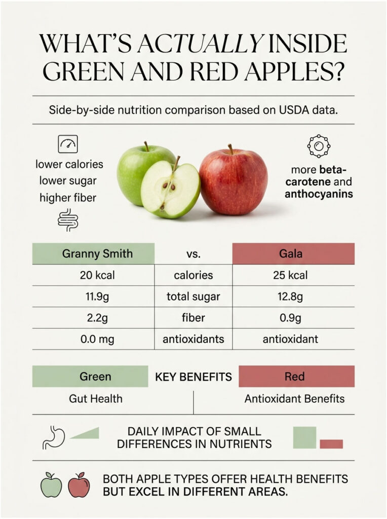 Comparison of Granny Smith and Gala apples' nutrition, showing calories, sugar, fiber, and antioxidants. Infographic.