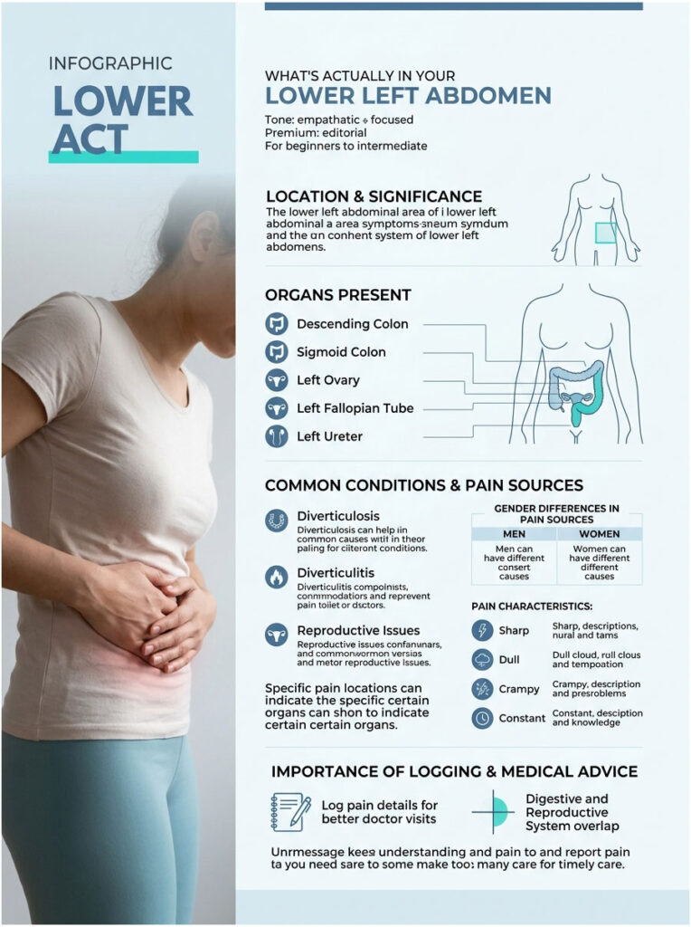 Infographic showing lower left abdomen anatomy, organs, common conditions, and pain characteristics.