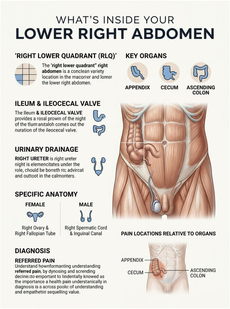 Infographic showing the anatomy of the lower right abdomen, including key organs and pain locations.