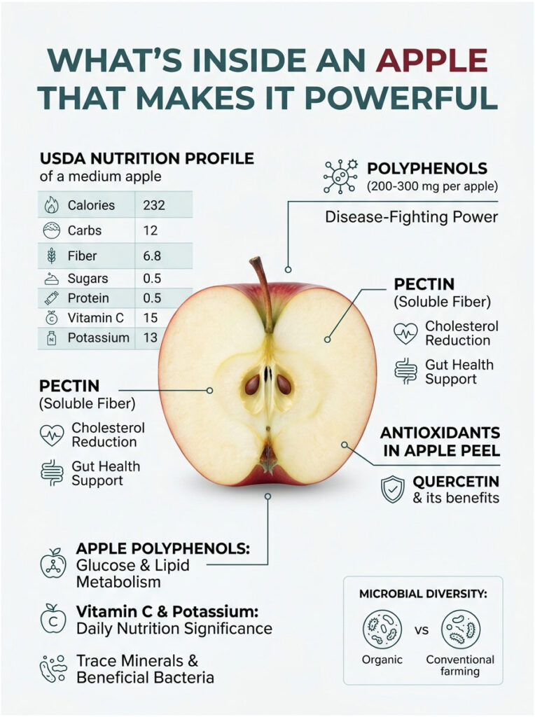 Infographic showing apple nutrition, including calories, fiber, polyphenols, and health benefits of pectin and antioxidants.