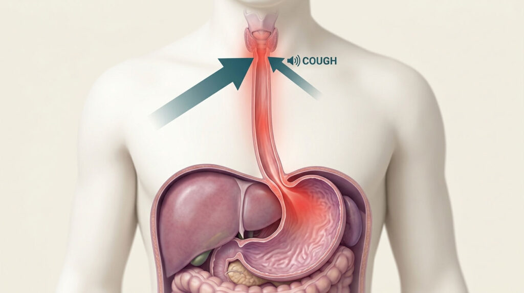 A diagram of the human torso showing the throat, esophagus, and stomach with arrows indicating a cough.