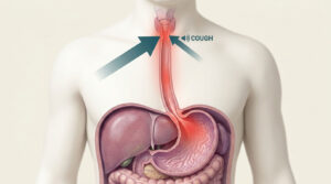 A diagram of the human torso showing the throat, esophagus, and stomach with arrows indicating a cough.