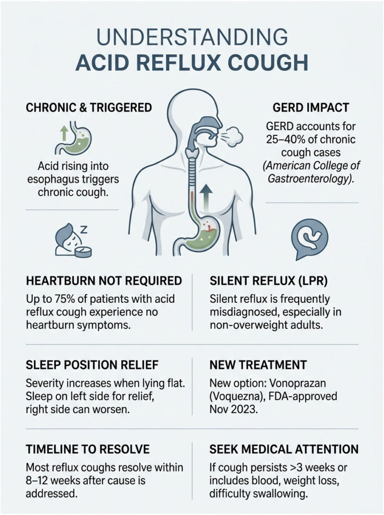 Infographic explaining acid reflux cough, including symptoms, treatment, and statistics on GERD impact.