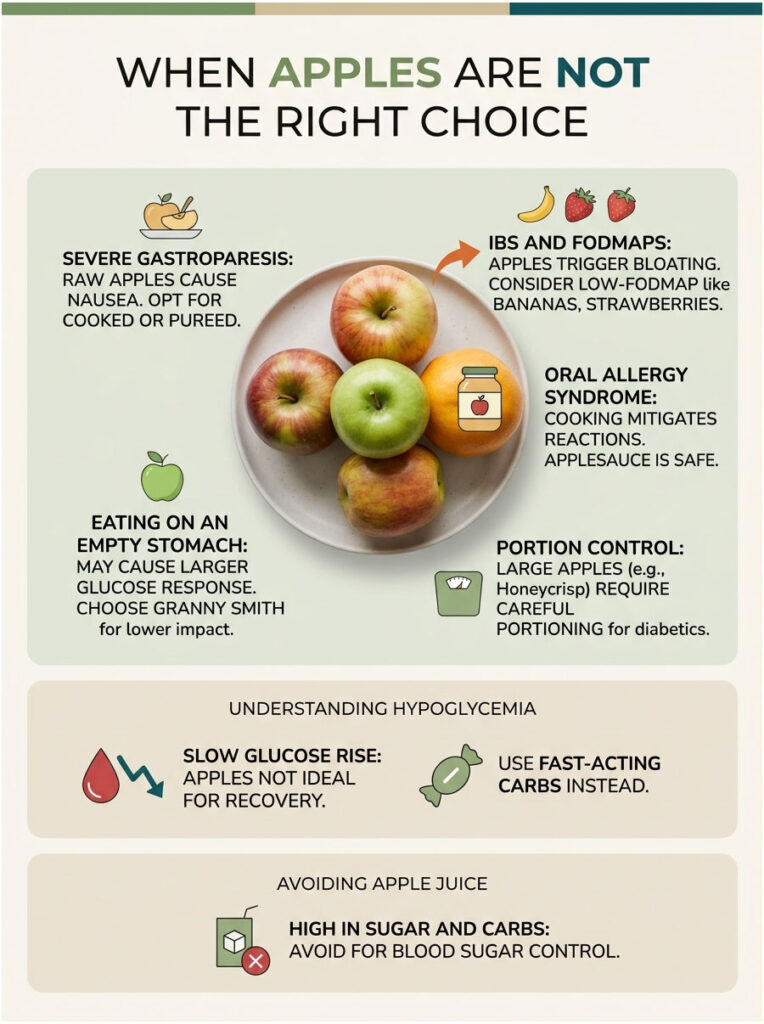 Infographic explaining when apples are not suitable, highlighting health conditions and alternatives.