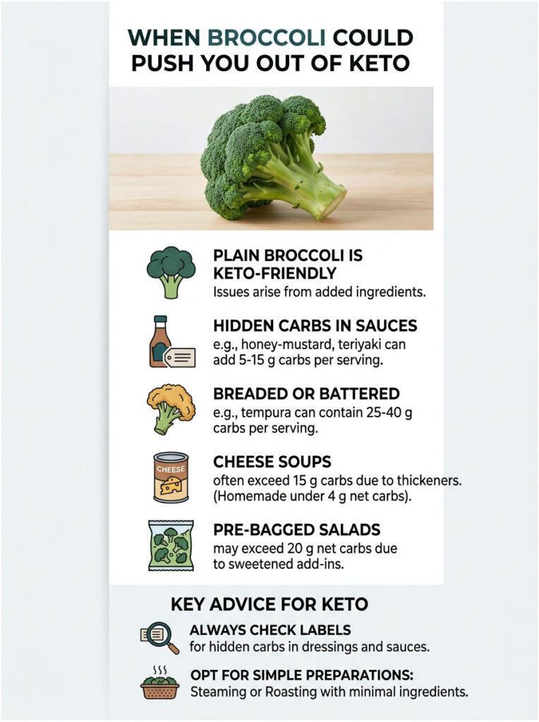 Broccoli with text detailing keto-friendly tips and hidden carbs in sauces and soups in an infographic.