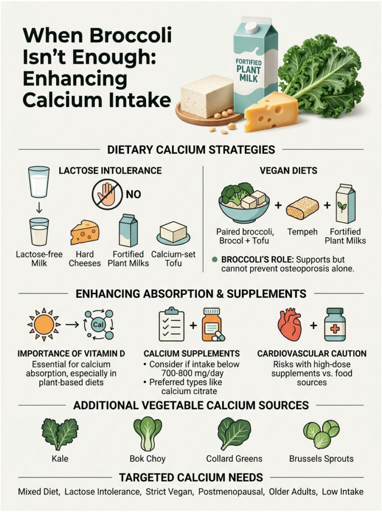 Infographic on enhancing calcium intake with visuals of foods, strategies, and dietary tips for lactose intolerance and vegan diets.