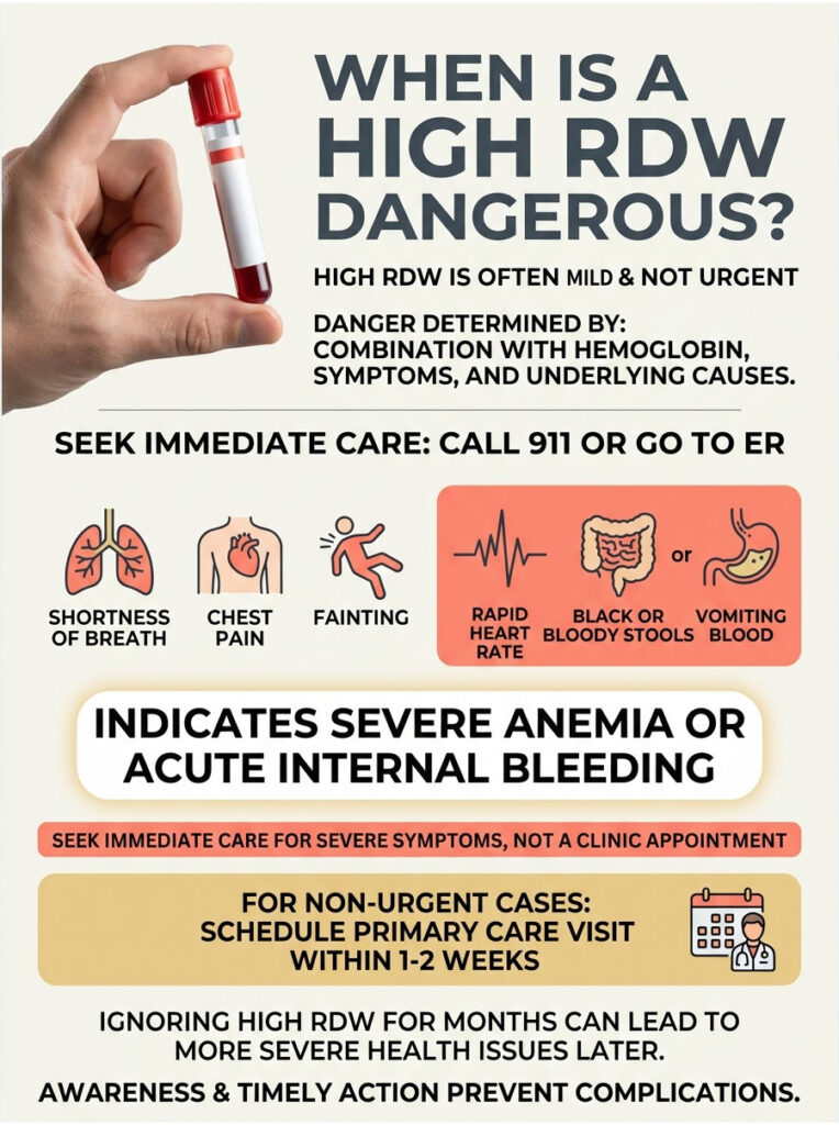 Infographic explaining high RDW dangers with symptoms, care instructions, and health implications.
