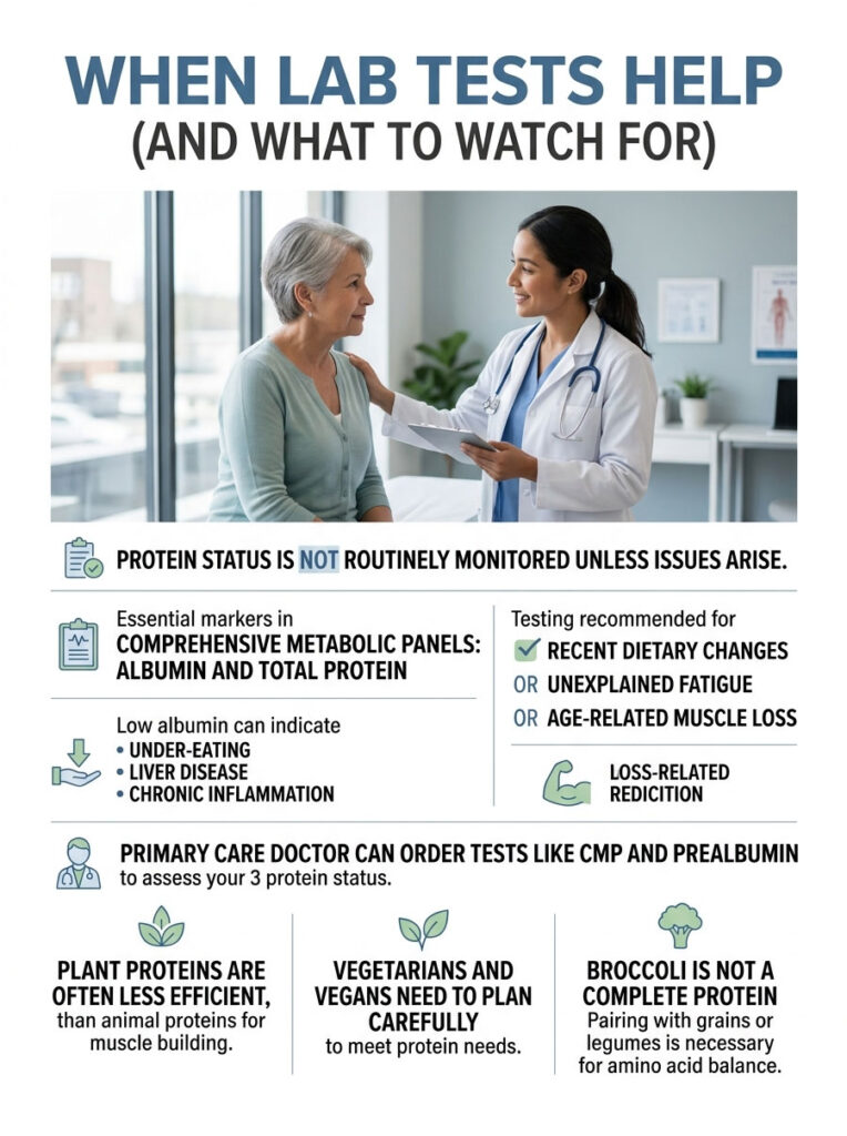 Infographic explaining when lab tests help monitor protein status and related health indicators.