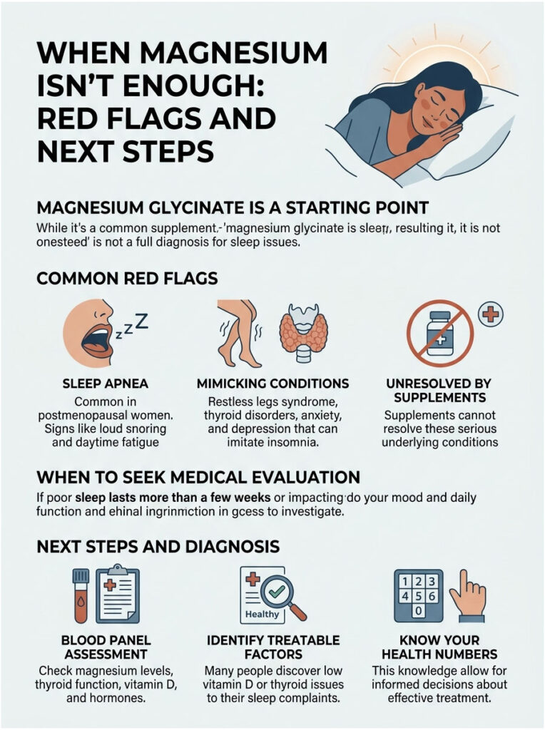 Infographic on magnesium deficiency, highlighting red flags, medical evaluation, and next steps for diagnosis.